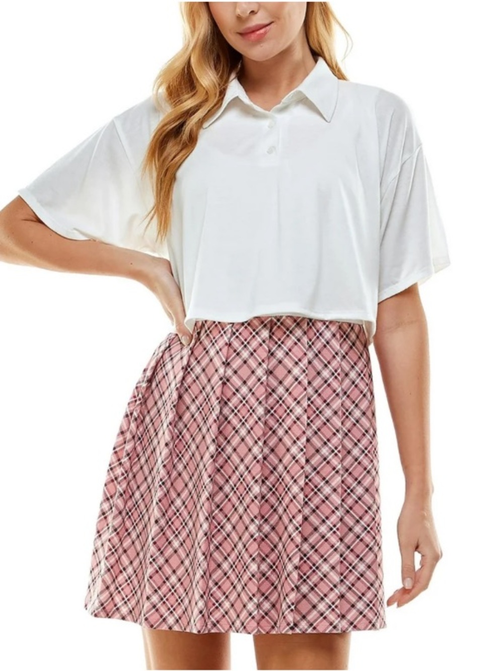 Kingston Grey Plaid Two Piece Dress Set White Polo Crop Top Pink Skirt L NWT